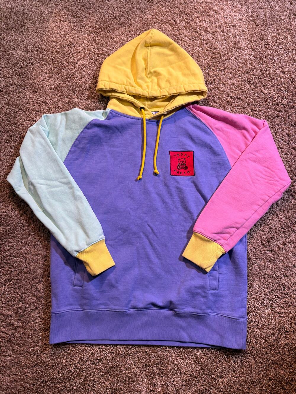 Teddy Fresh Colorblock Hoodie Mens Size Small Purple Yellow